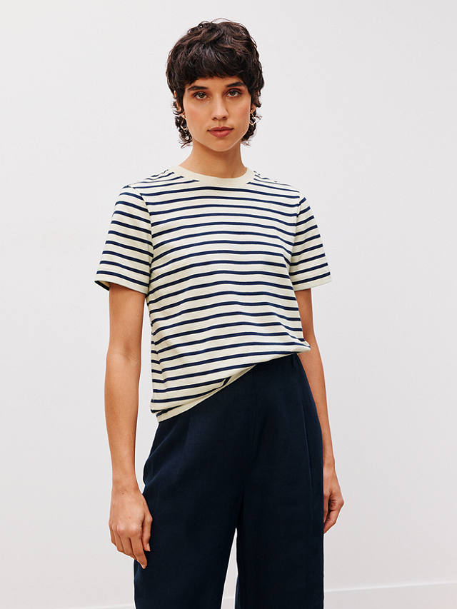 John Lewis Premium Cotton Stripe Short Sleeve T-Shirt, Navy/Ecru