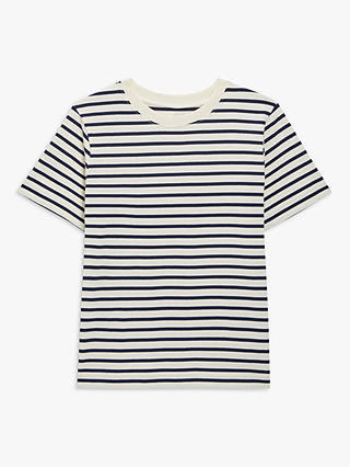 John Lewis Premium Cotton Stripe Short Sleeve T-Shirt, Navy/Ecru