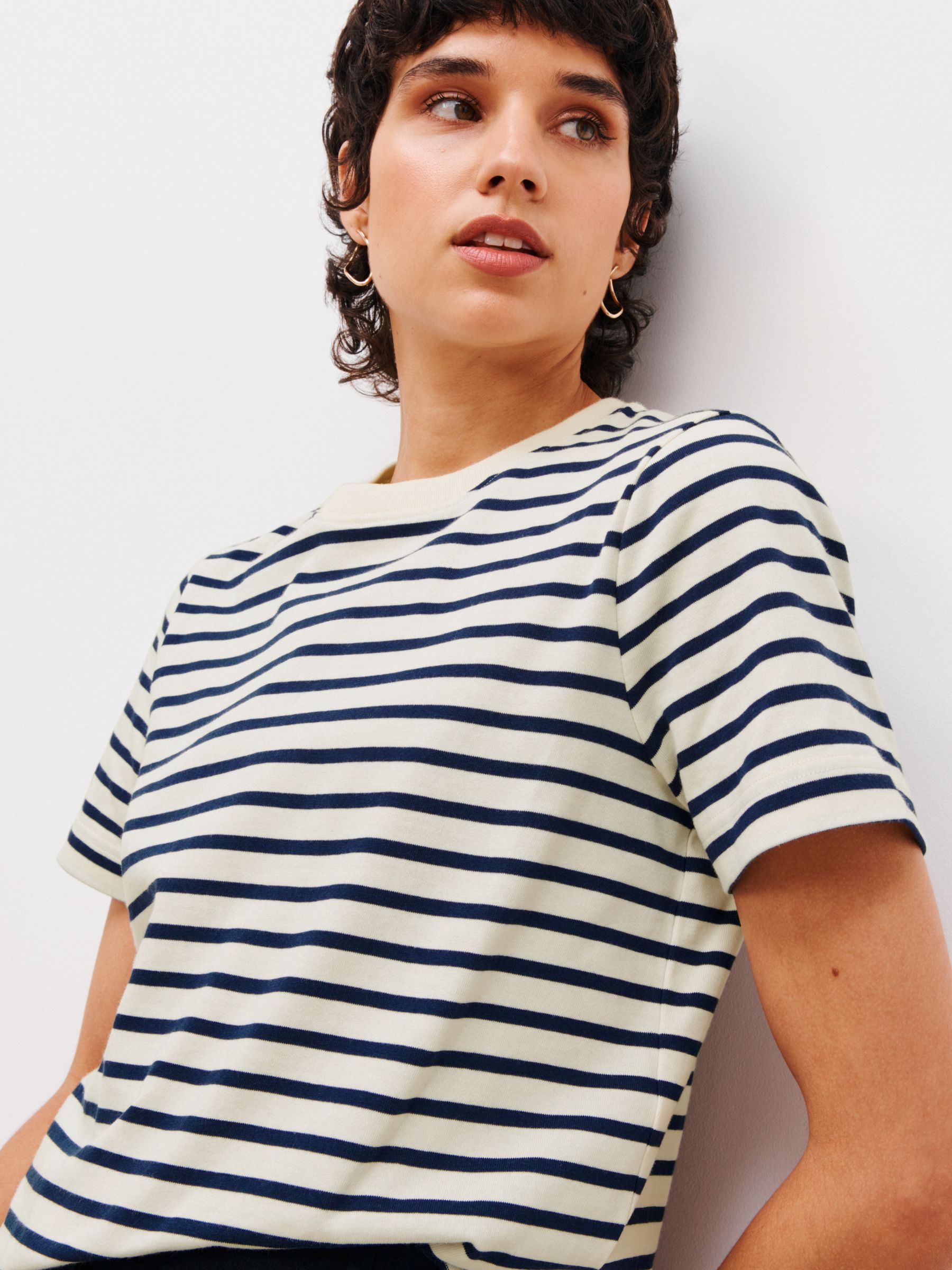 John Lewis Premium Cotton Stripe Short Sleeve T-Shirt, Navy/Ecru at ...