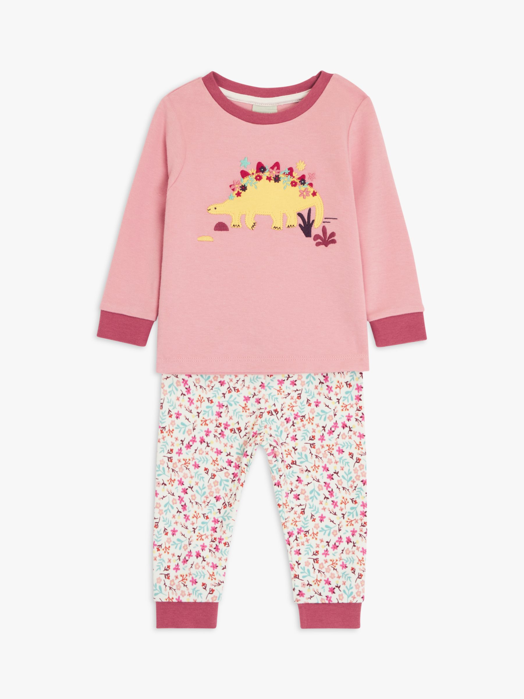 John Lewis Baby Dino Embroidered Pyjama Set, Pink/Multi, 3-6 months