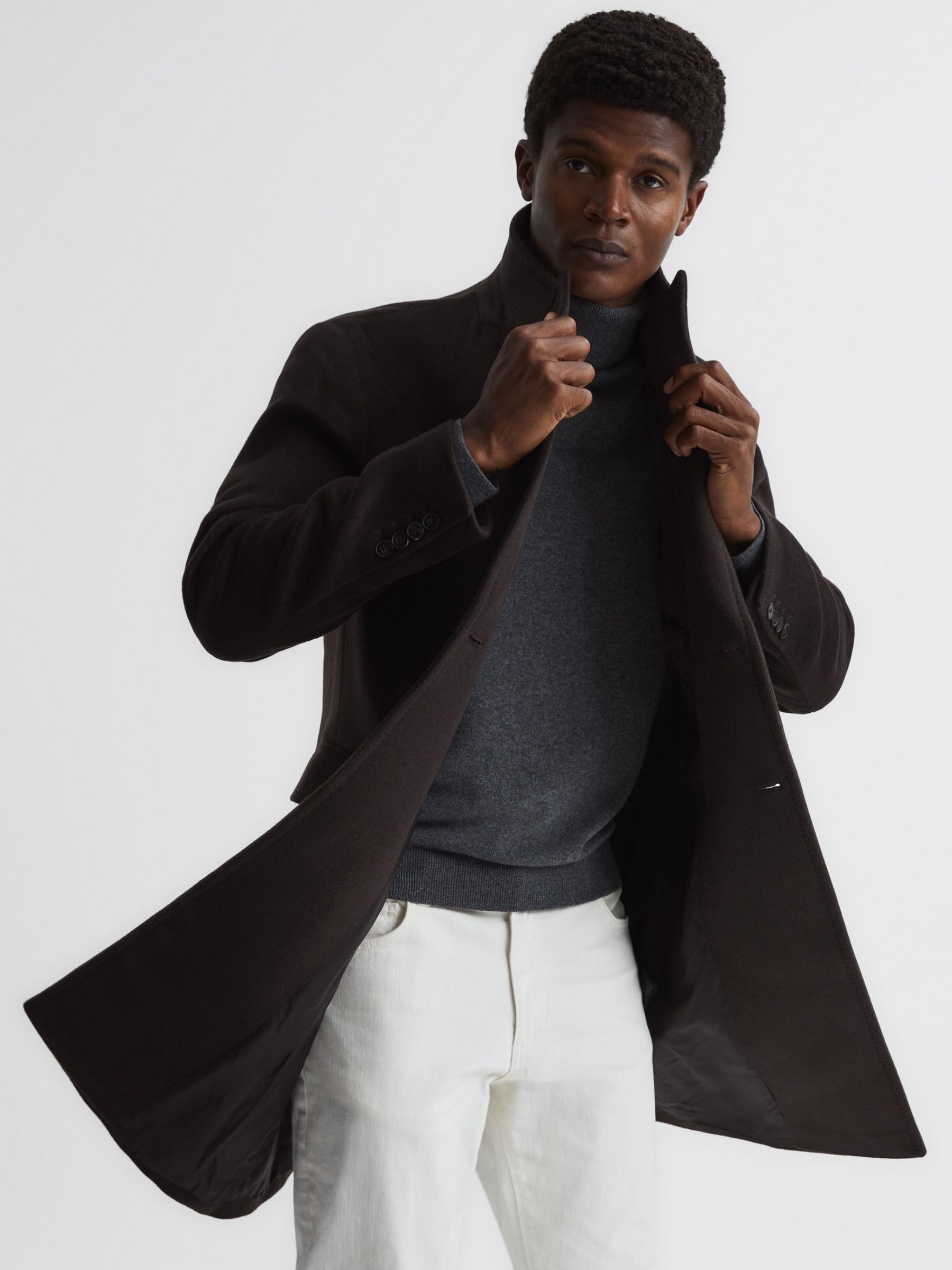 Reiss Glazier Wool Blend Longline Coat, Chocolate, XS