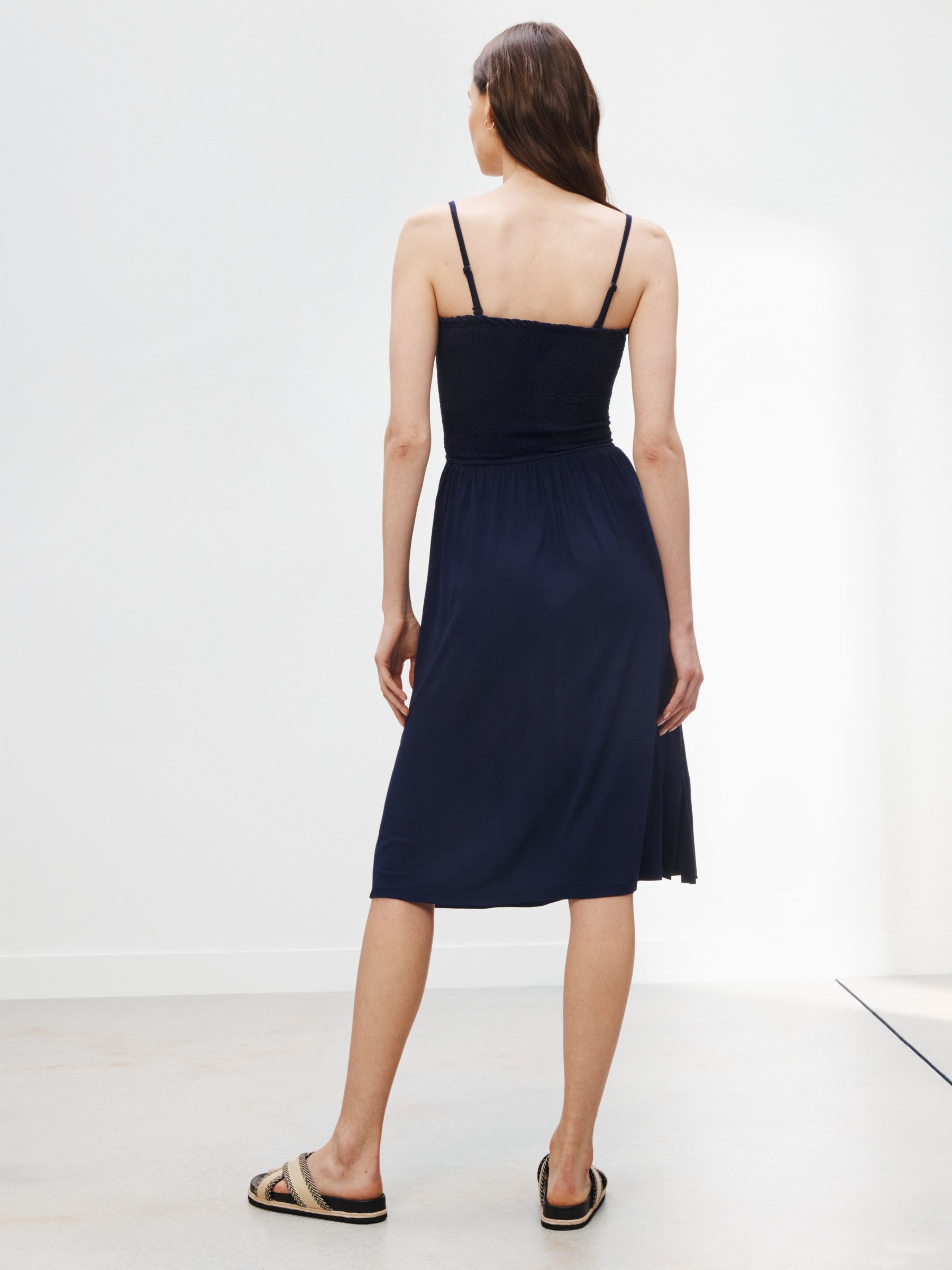 John Lewis Shirred Midi Dress, Navy at John Lewis & Partners