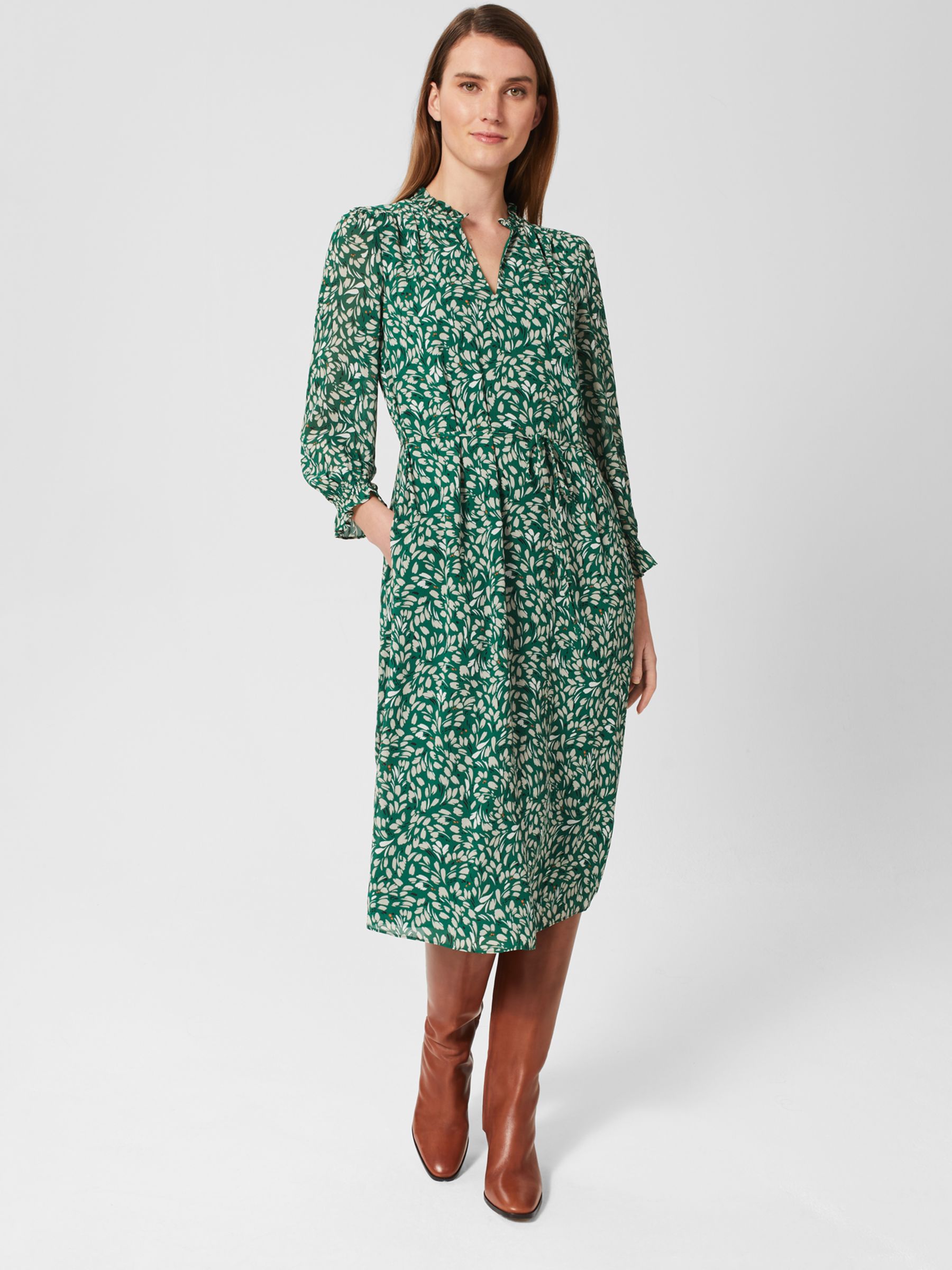 Hobbs Flora Floral Print Midi Dress, Green/Multi