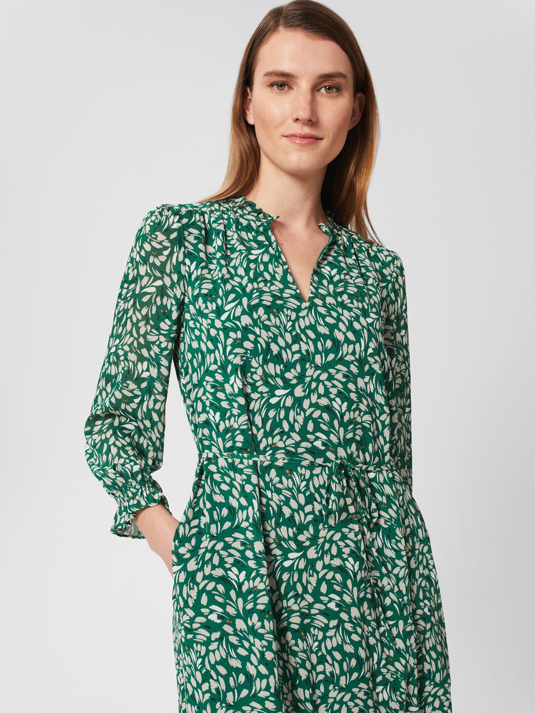 Hobbs Flora Floral Print Midi Dress, Green/Multi