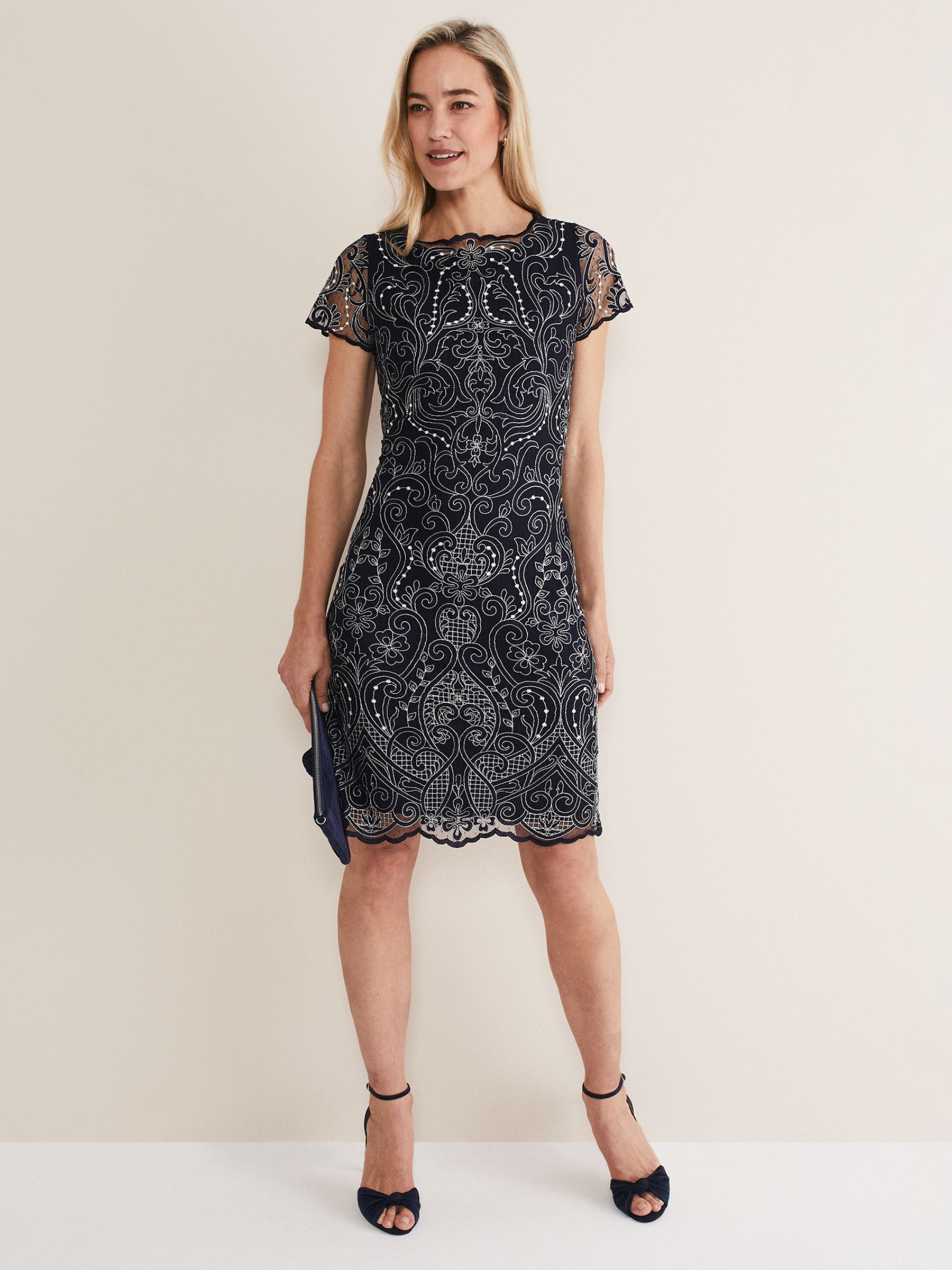 Phase Eight Esme Embroidered Dress, Navy/Ivory, 6