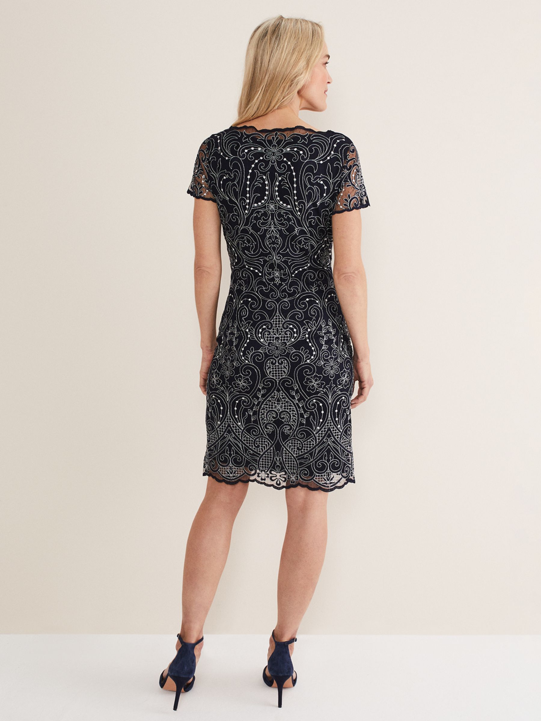 Phase Eight Esme Embroidered Dress, Navy/Ivory, 6