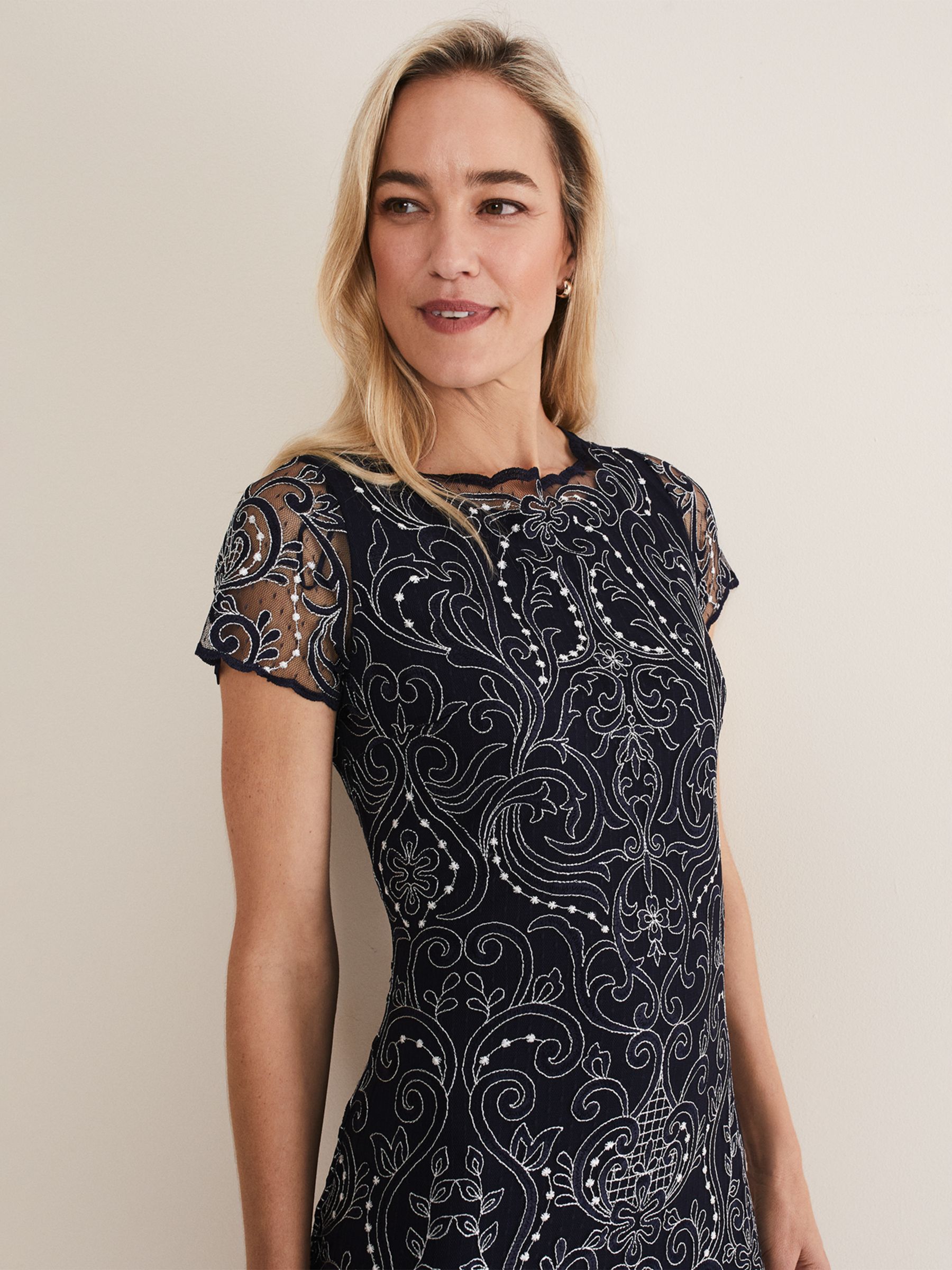 Buy Phase Eight Esme Embroidered Dress, Navy/Ivory Online at johnlewis.com