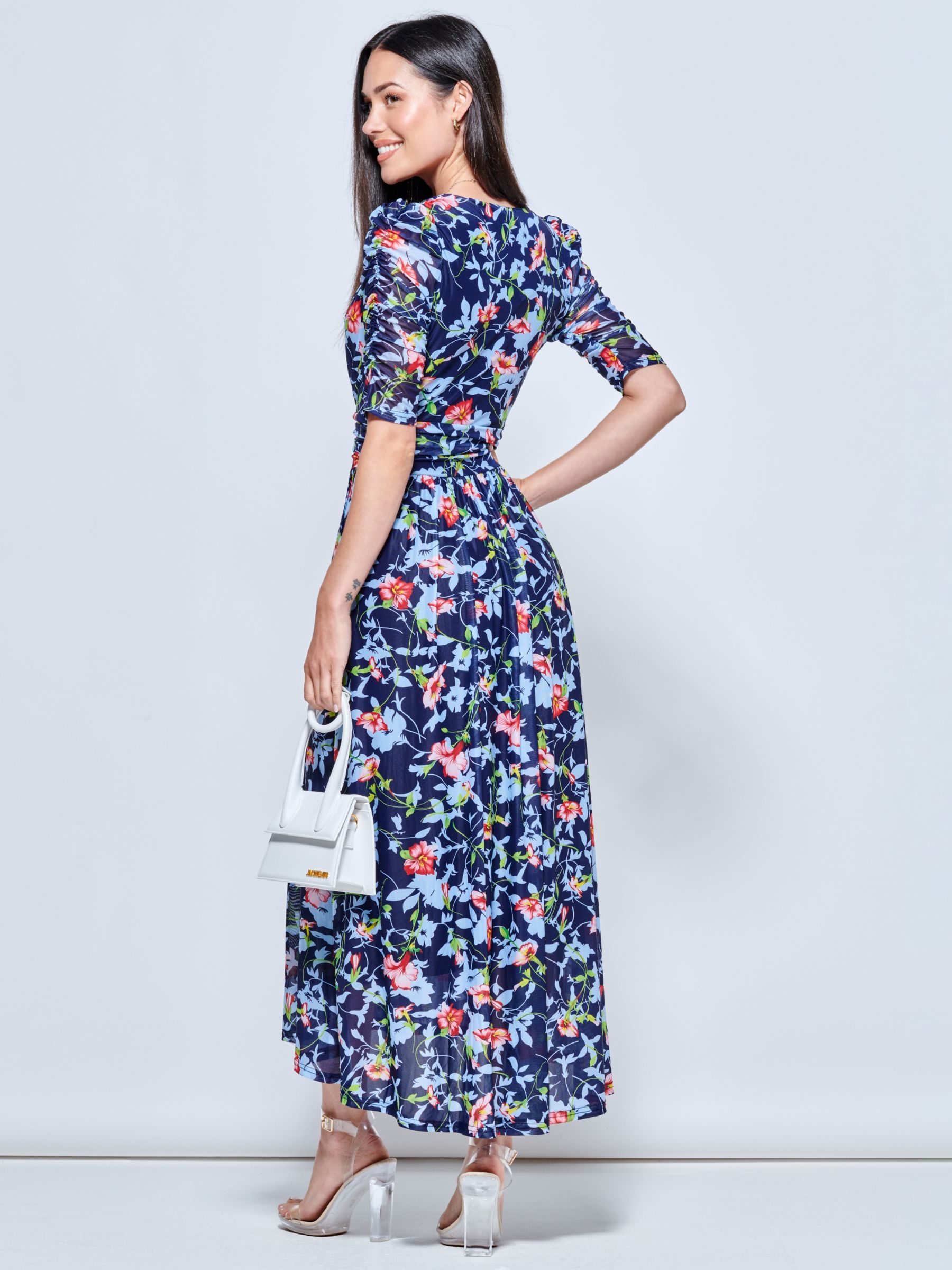 Jolie Moi Gavina Ruched Sleeve Mesh Maxi Dress, Navy Floral, 8