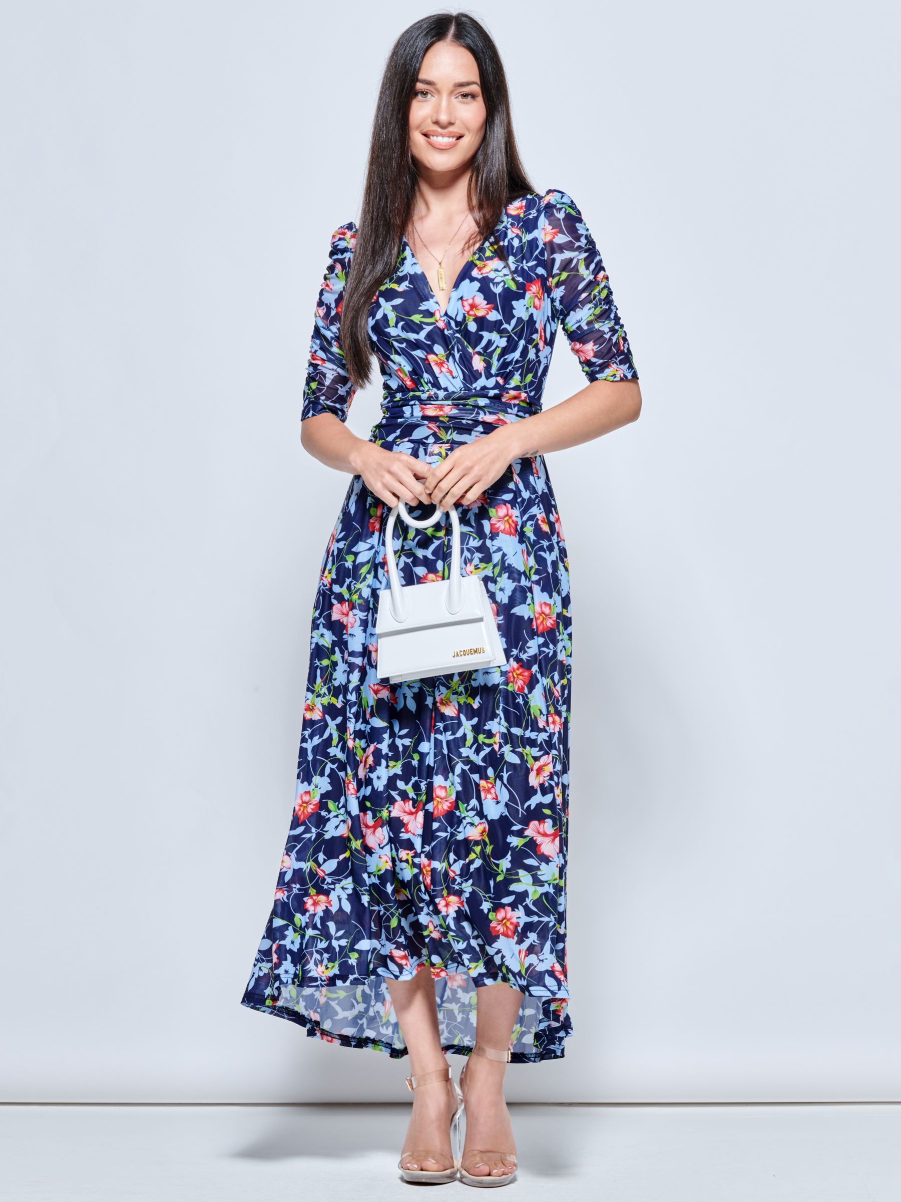 Jolie Moi Gavina Ruched Sleeve Mesh Maxi Dress, Navy Floral, 8