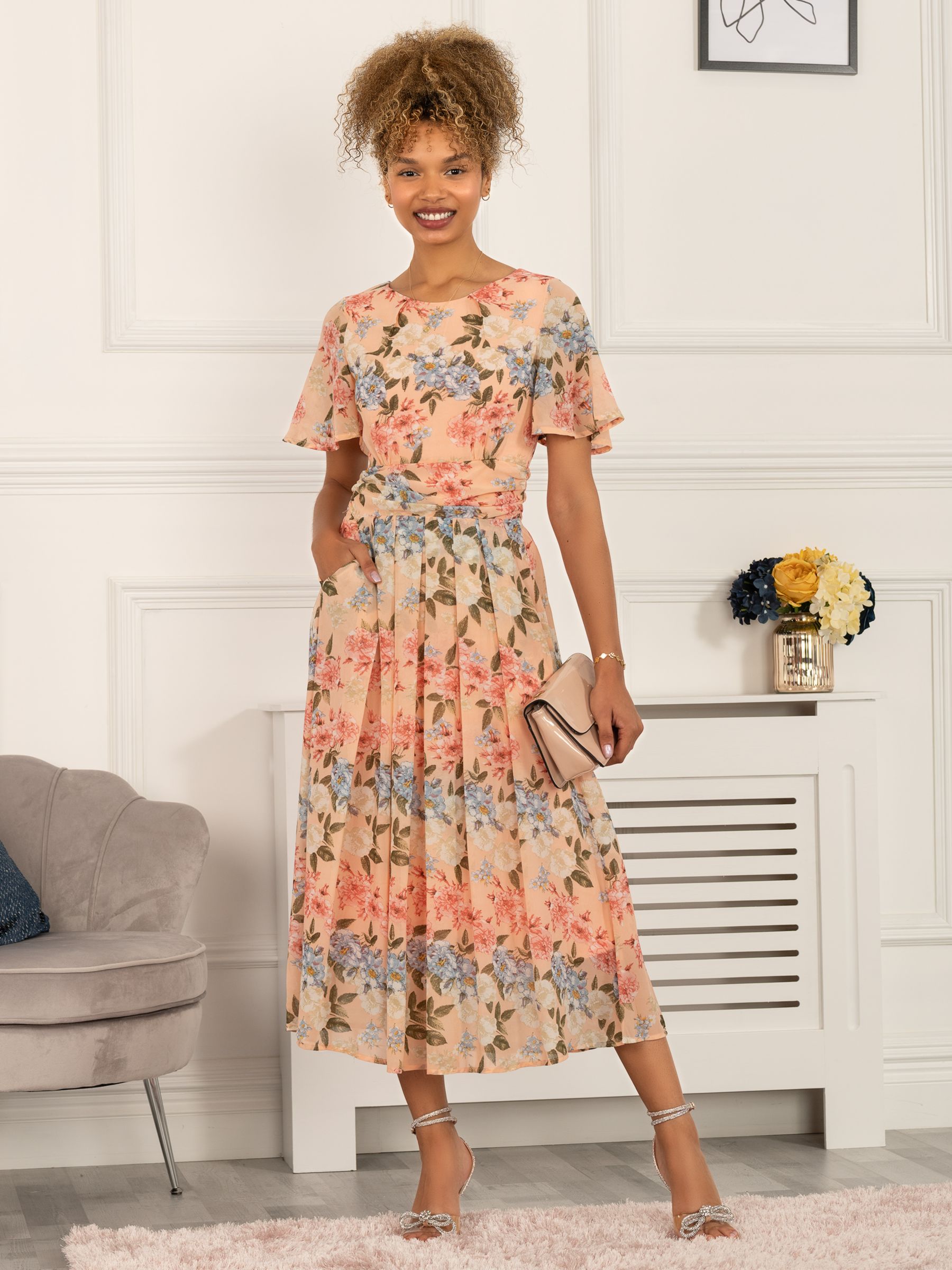 Jolie Moi Reagan Floral Print Chiffon Midi Dress, Pink at John Lewis &  Partners