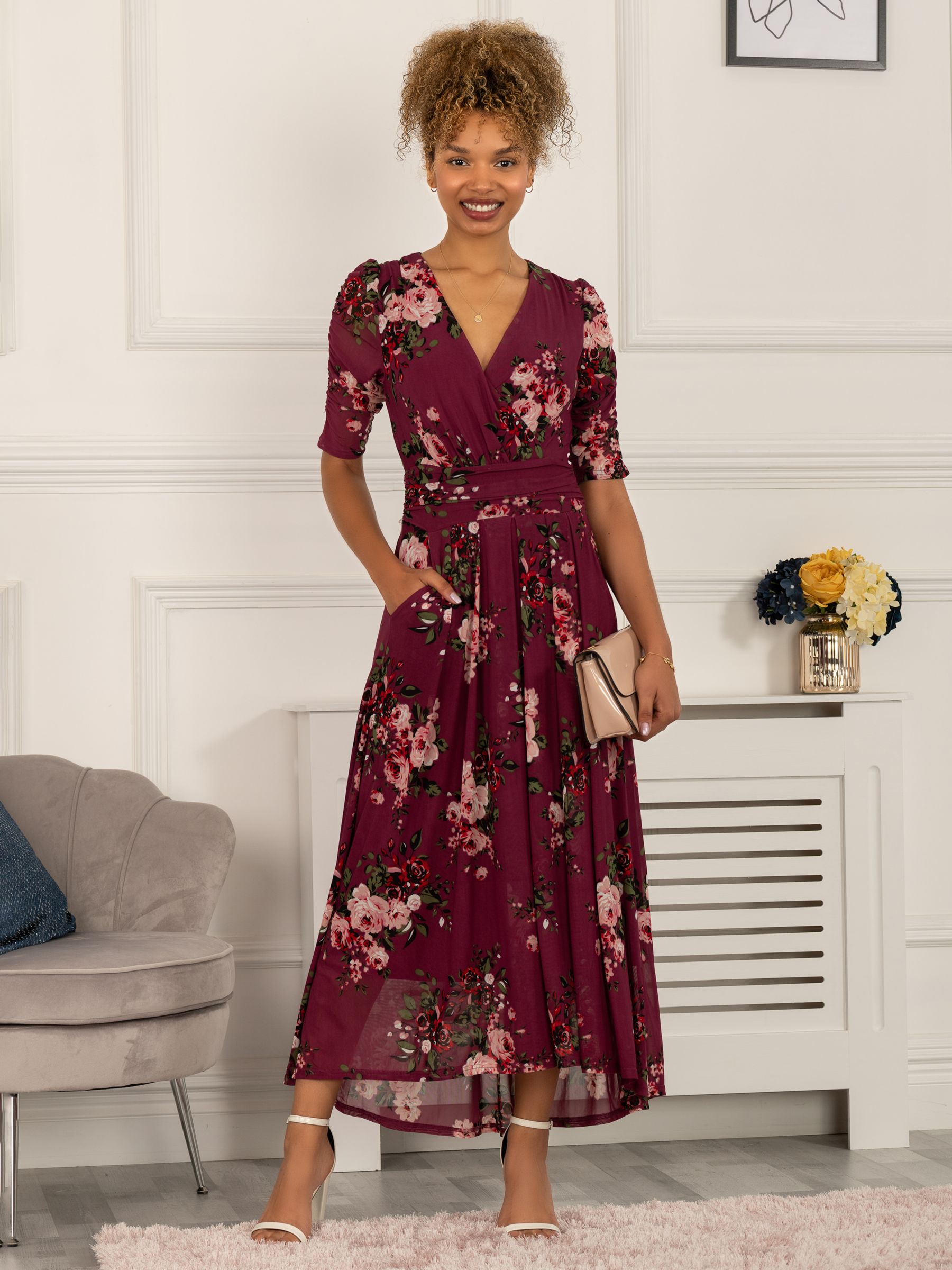 Jolie Moi Haizley Floral Print Mesh Maxi Dress, Mauve Purple, 8