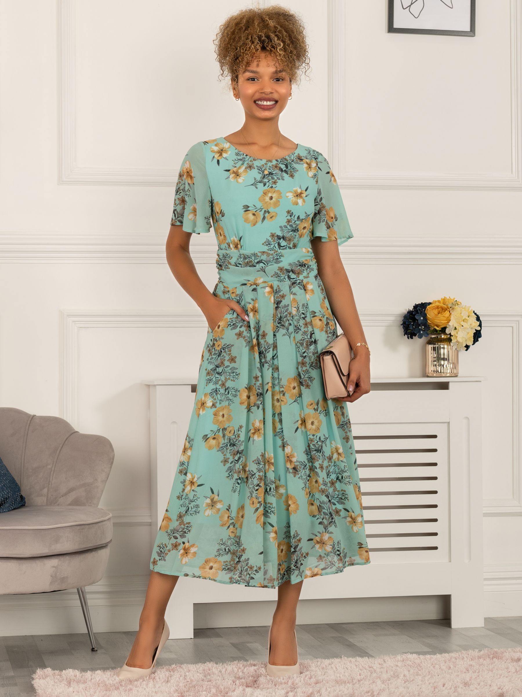 Jolie Moi Reagan Floral Print Chiffon Midi Dress, Light Green at John Lewis  & Partners