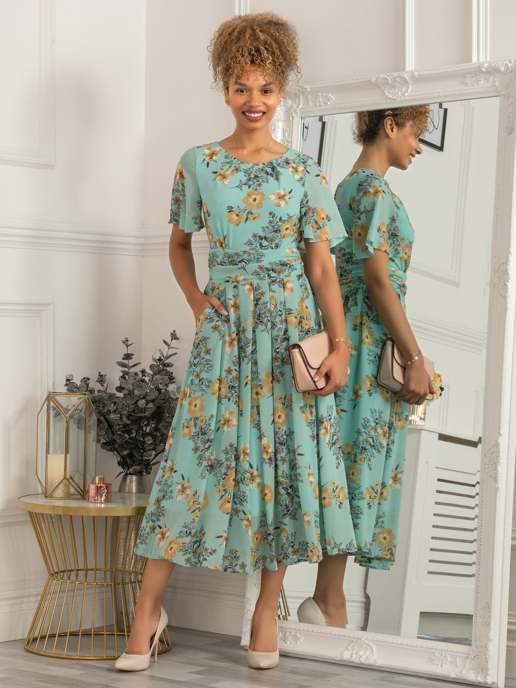 Jolie Moi Reagan Floral Print Chiffon Midi Dress, Light Green at John Lewis  & Partners