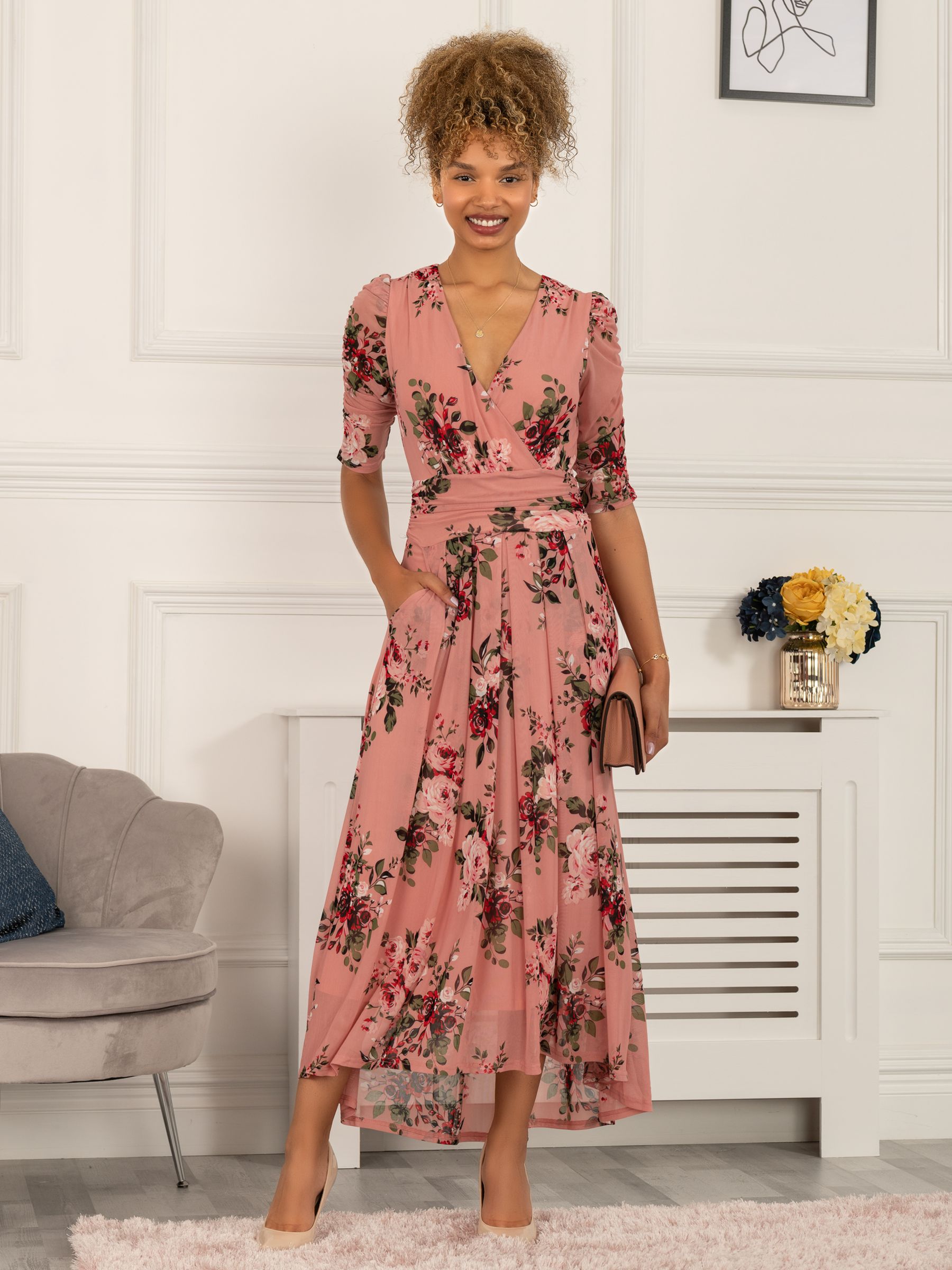 Jolie Moi Haizley Floral Print Mesh Maxi Dress, Pink at John Lewis &  Partners