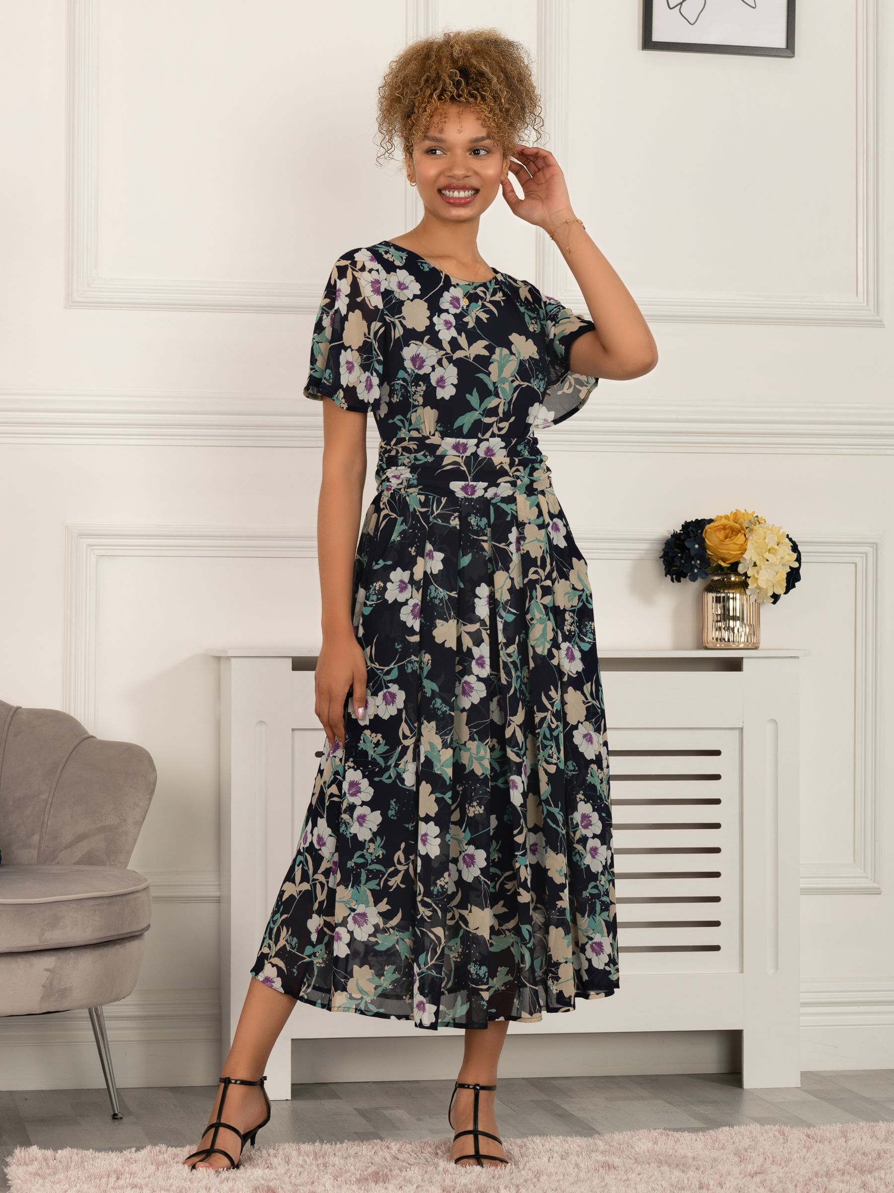 Jolie Moi Nadine Floral Print Chiffon Dress, Navy at John Lewis & Partners
