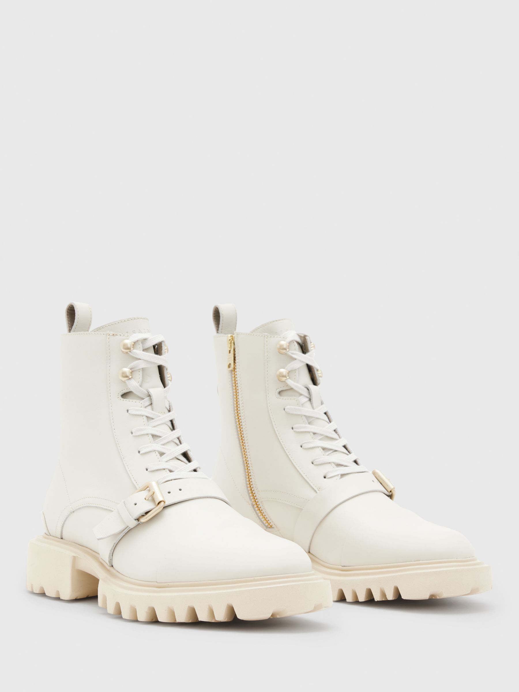AllSaints Tori Leather Lace Up Ankle Boots, Stone White, 3