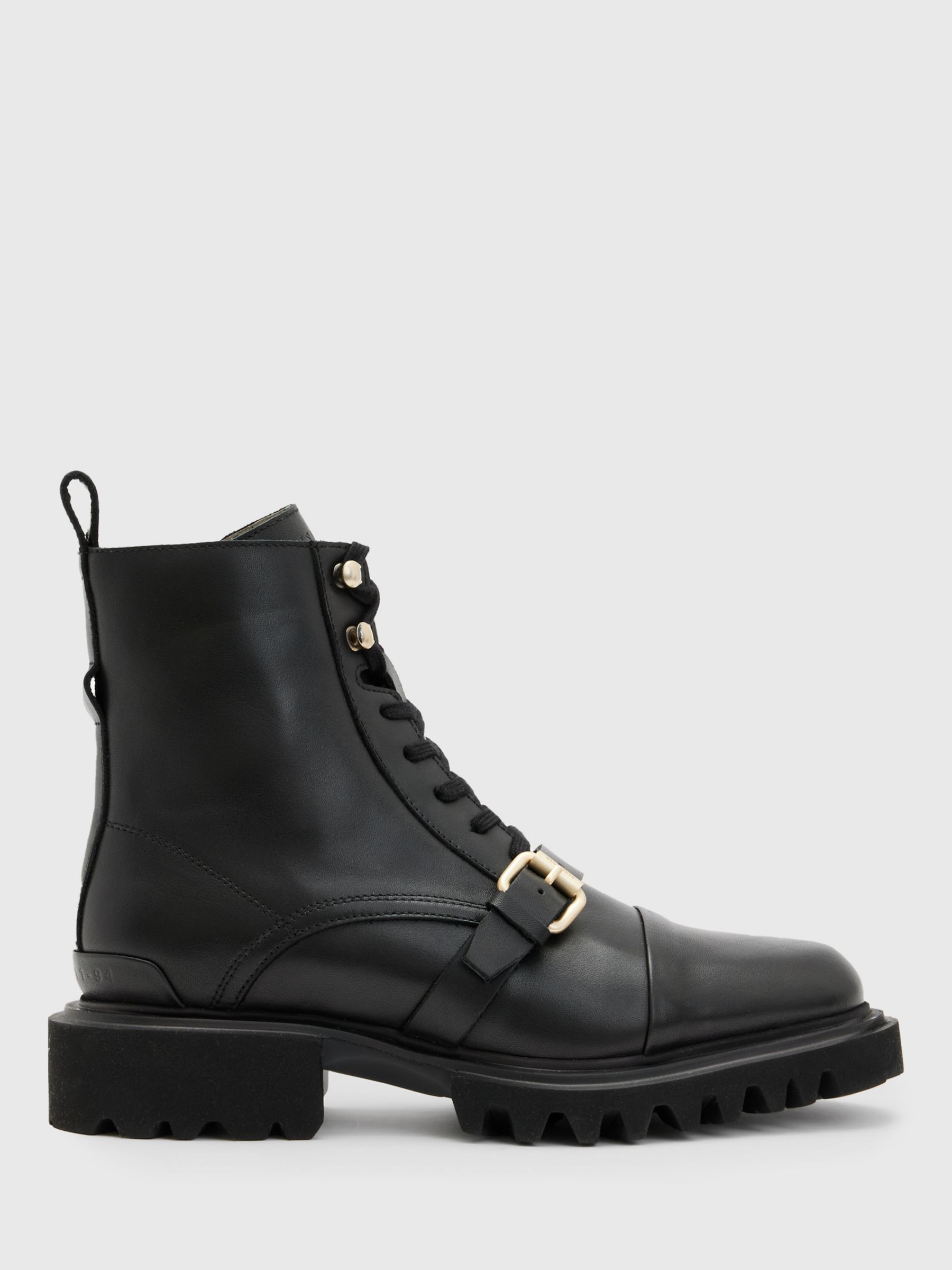 AllSaints Tori Leather Lace Up Ankle Boots, Black/Warm Brass at John ...