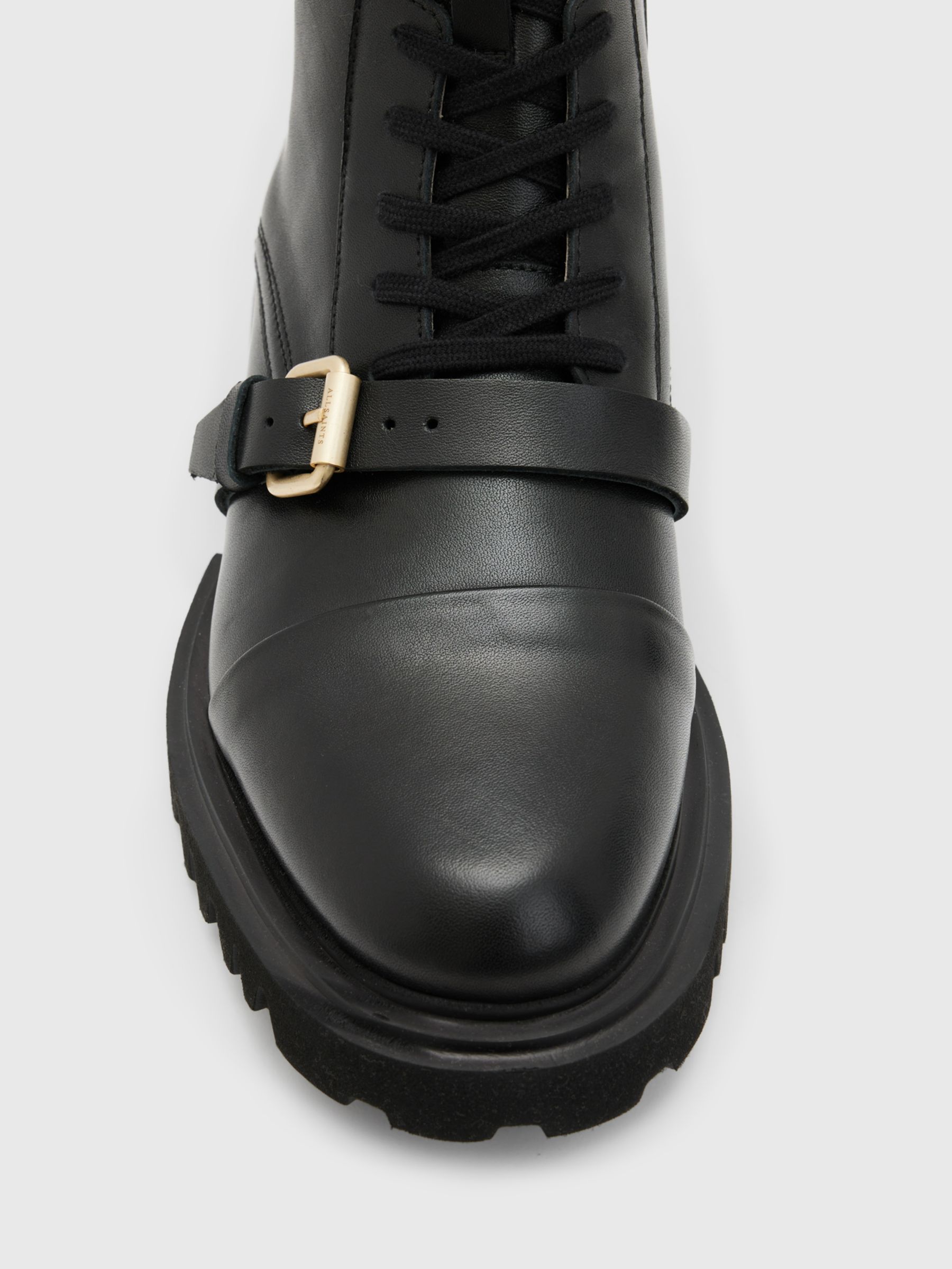 AllSaints Tori Leather Lace Up Ankle Boots, Black/Warm Brass, 3