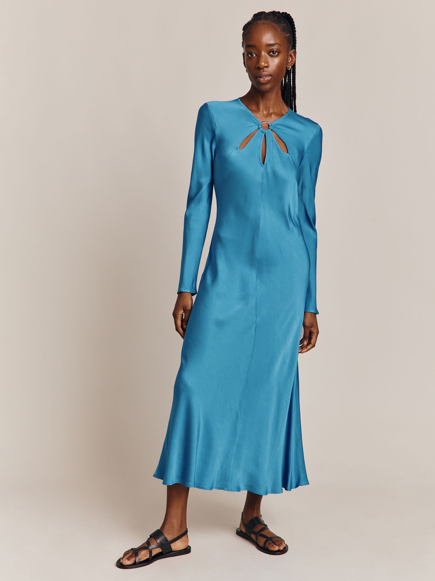 Ghost Freya Cut-Out Detail Satin Midi Dress, Blue at John Lewis & Partners