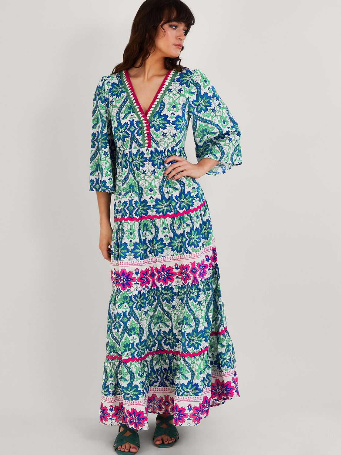 Monsoon Willow Woodblock Print Maxi Dress, Blue/Multi