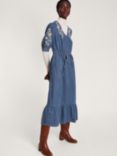 Monsoon Embroidered Denim Ruffle Hem Midi Dress, Blue