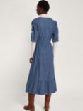 Monsoon Embroidered Denim Ruffle Hem Midi Dress, Blue