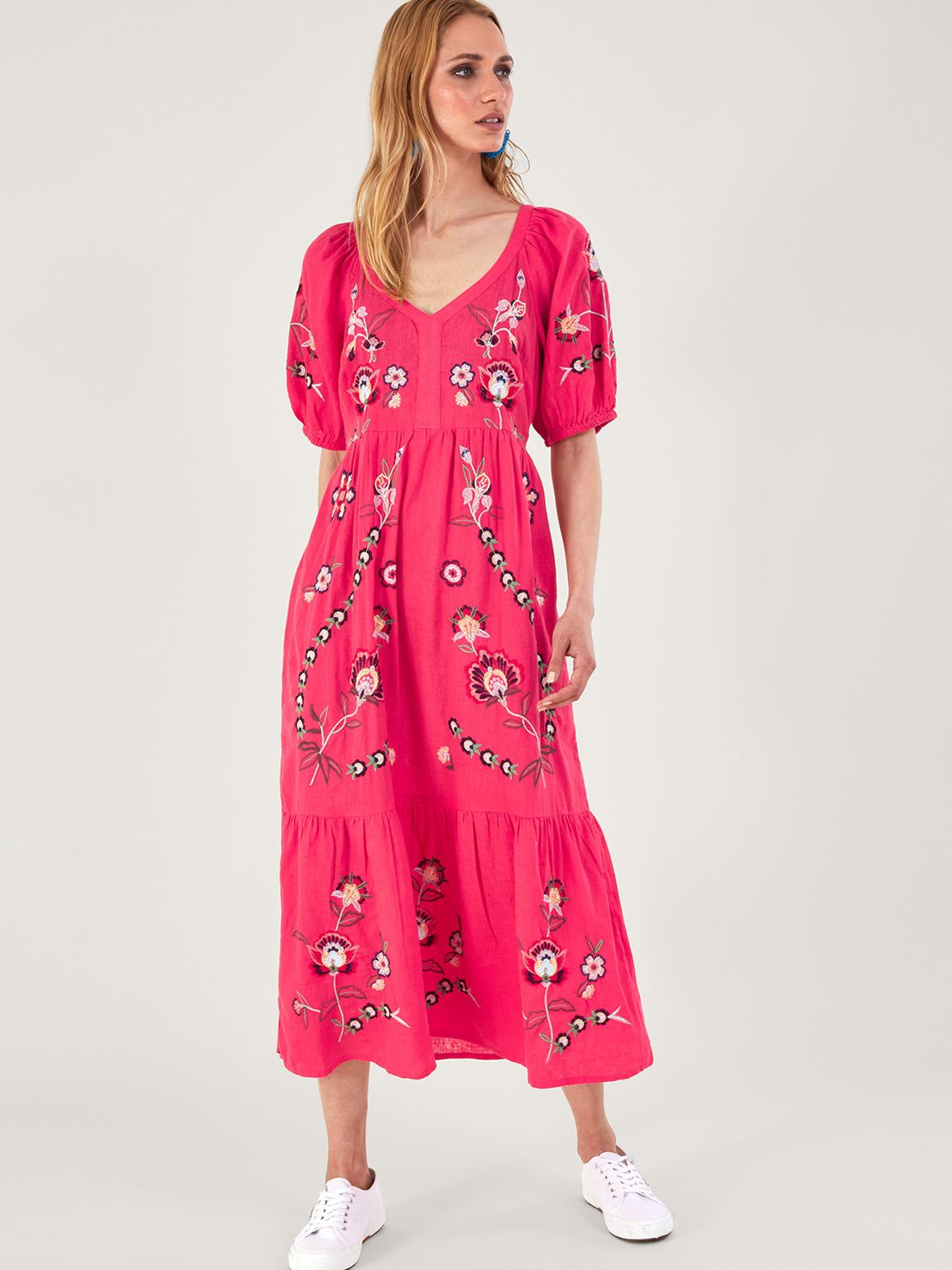 Monsoon Embroidered Linen Blend Midi Dress, Coral