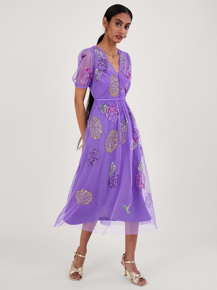 Monsoon Diana Embellished Tea Dress, Lilac at John Lewis & Partners