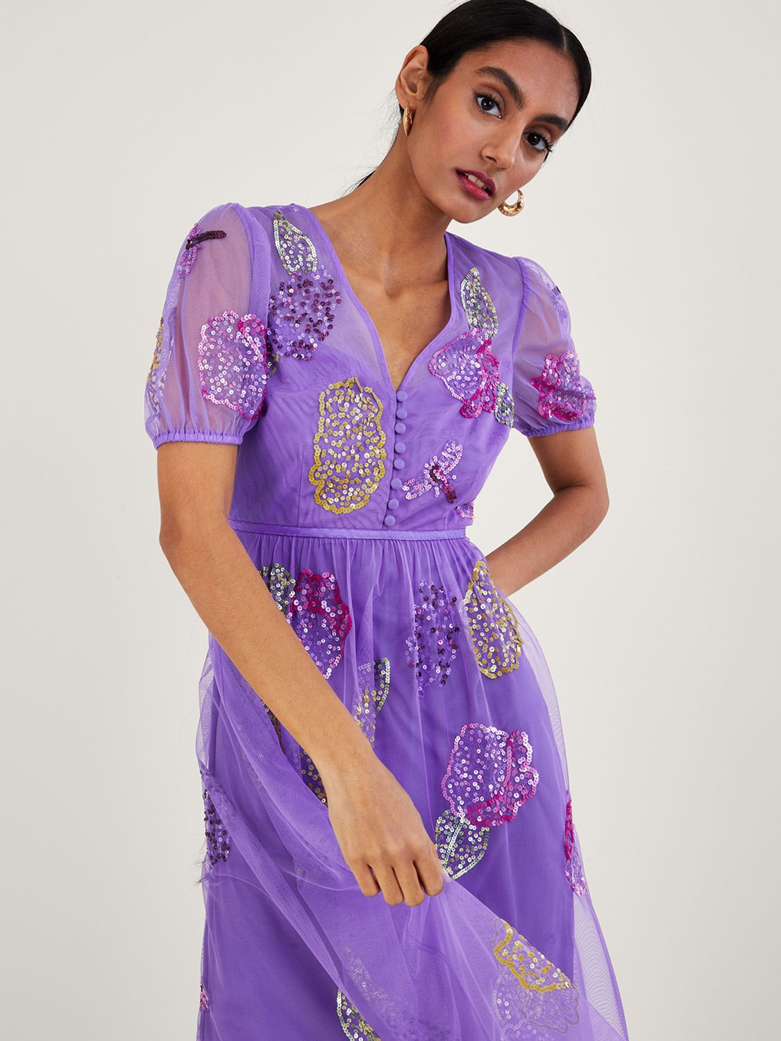 Monsoon Diana Embellished Tea Dress, Lilac at John Lewis & Partners