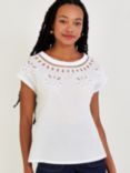 Monsoon Floral Cut Out T-Shirt, Ivory