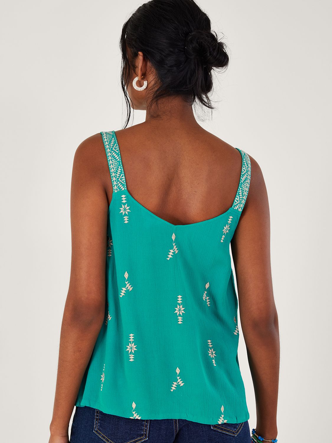 Monsoon Wide Strap Embroidered V-Neck Cami Top, Turquoise, S