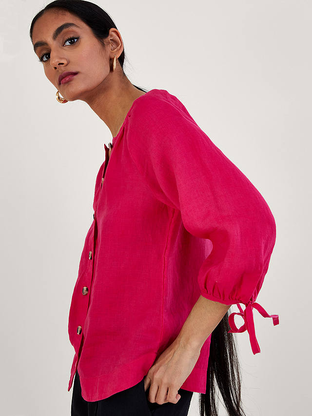 Monsoon Button Through Tie Cuff  Linen Blouse, Pink