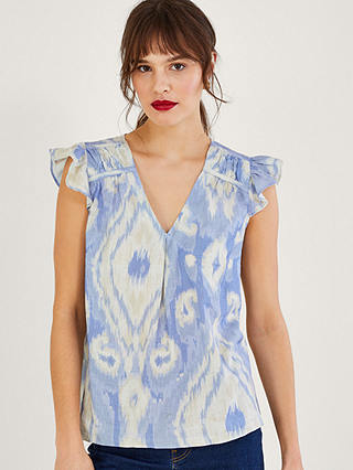 Monsoon Peggy Sustainable Linen Top, Blue/Multi