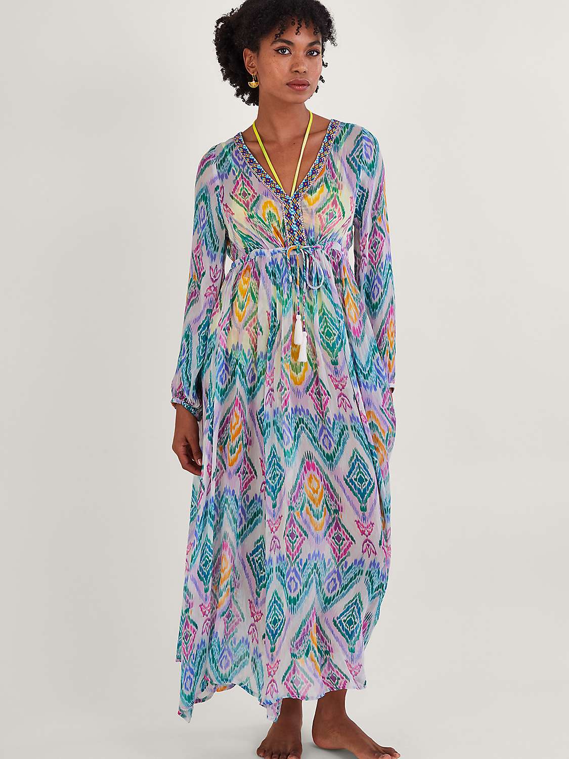 Monsoon Ikat Print Kaftan Maxi Dress, Pink/Multi at John Lewis & Partners