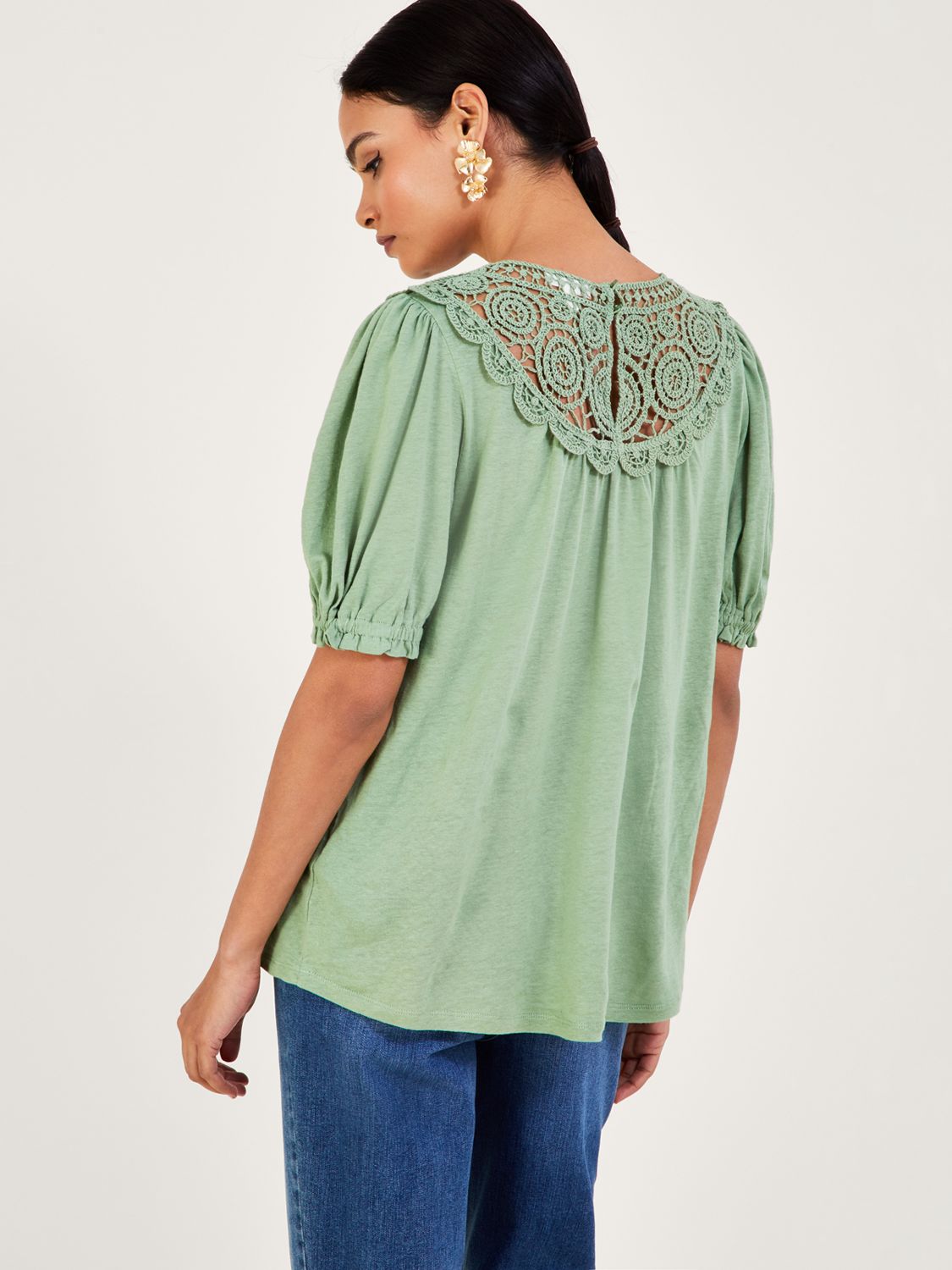 Monsoon Linen Crochet Frill Sleeve Top, Khaki at John Lewis & Partners