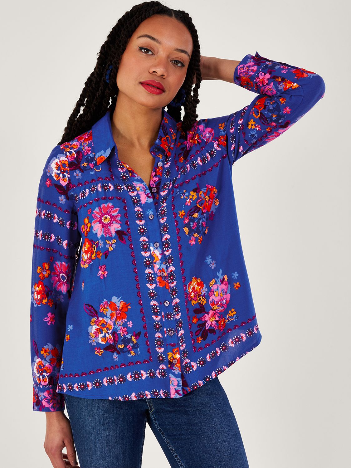 Monsoon Alina Floral Print Button Shirt, Blue/Multi