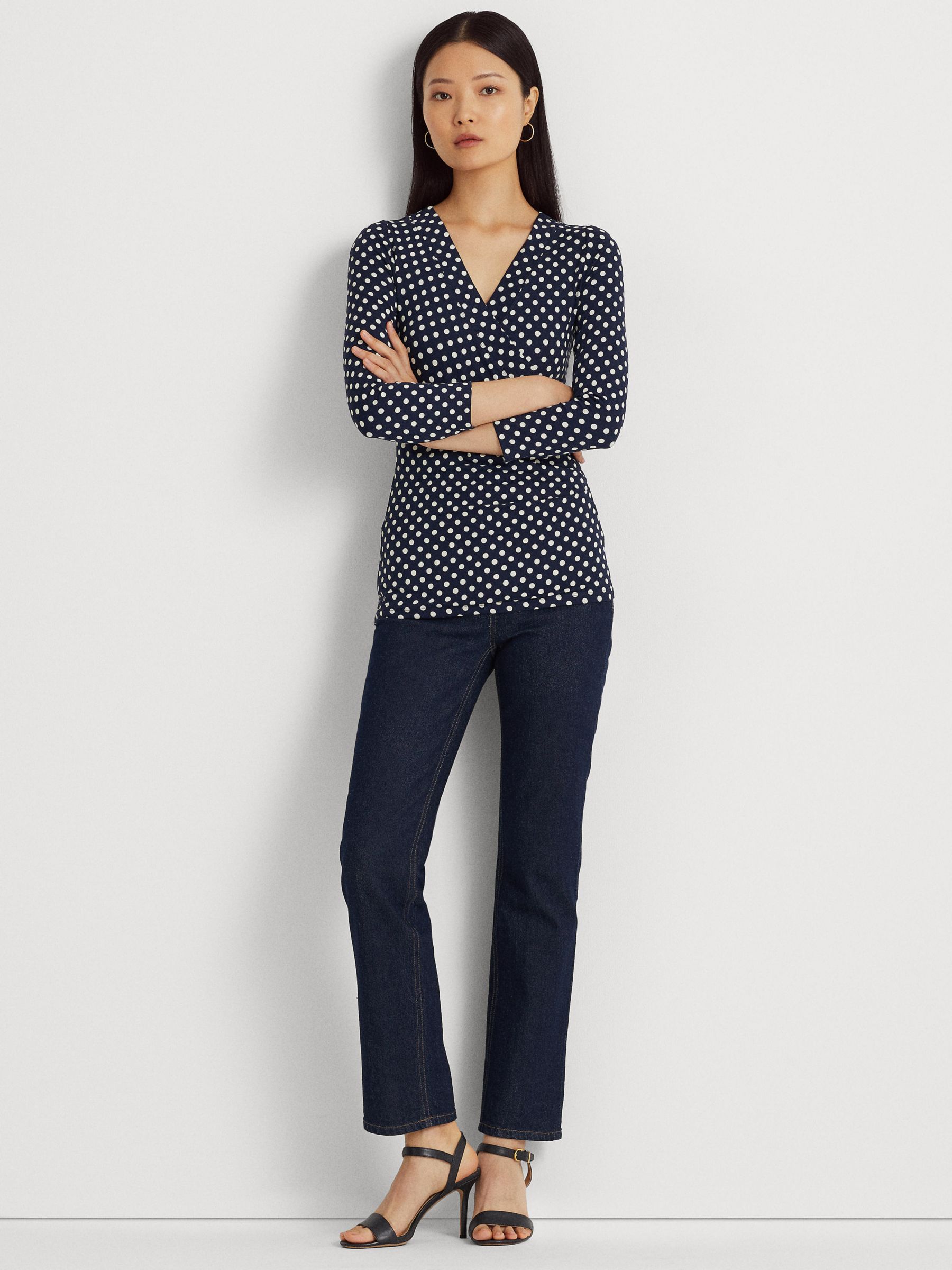 LAUREN RALPH LAUREN POLKA-DOT SURPLICE JERSEY TOP, Navy blue Women's T- shirt