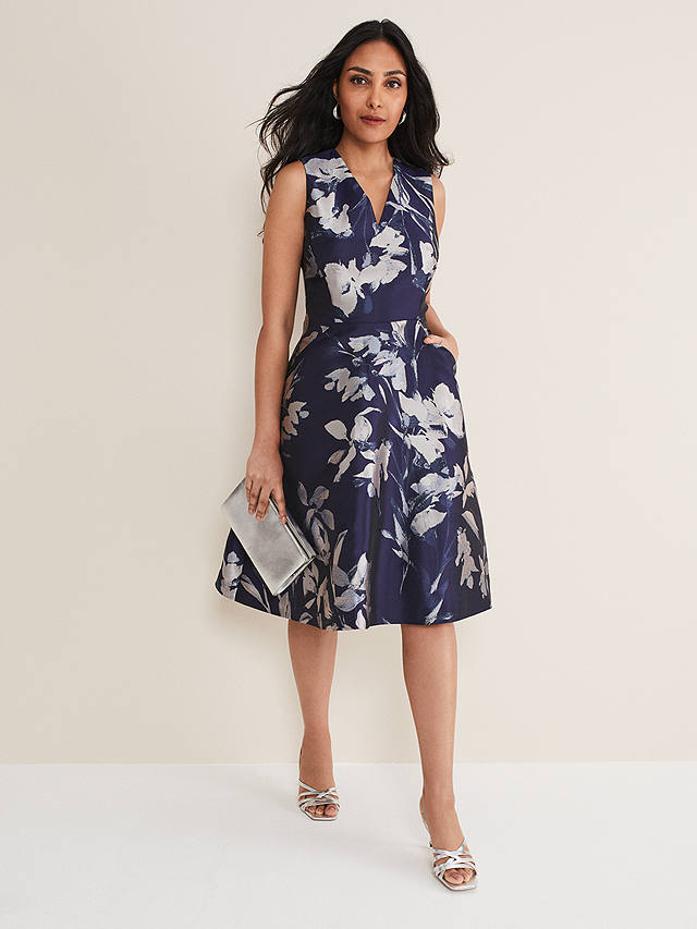 Phase Eight Petite Cassy Floral Print Dress, Navy/Multi