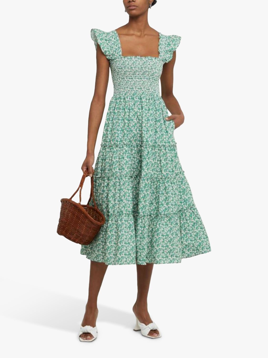 kourt Calypso Ruffled Smocked Dress, Green/Floral at John Lewis & Partners