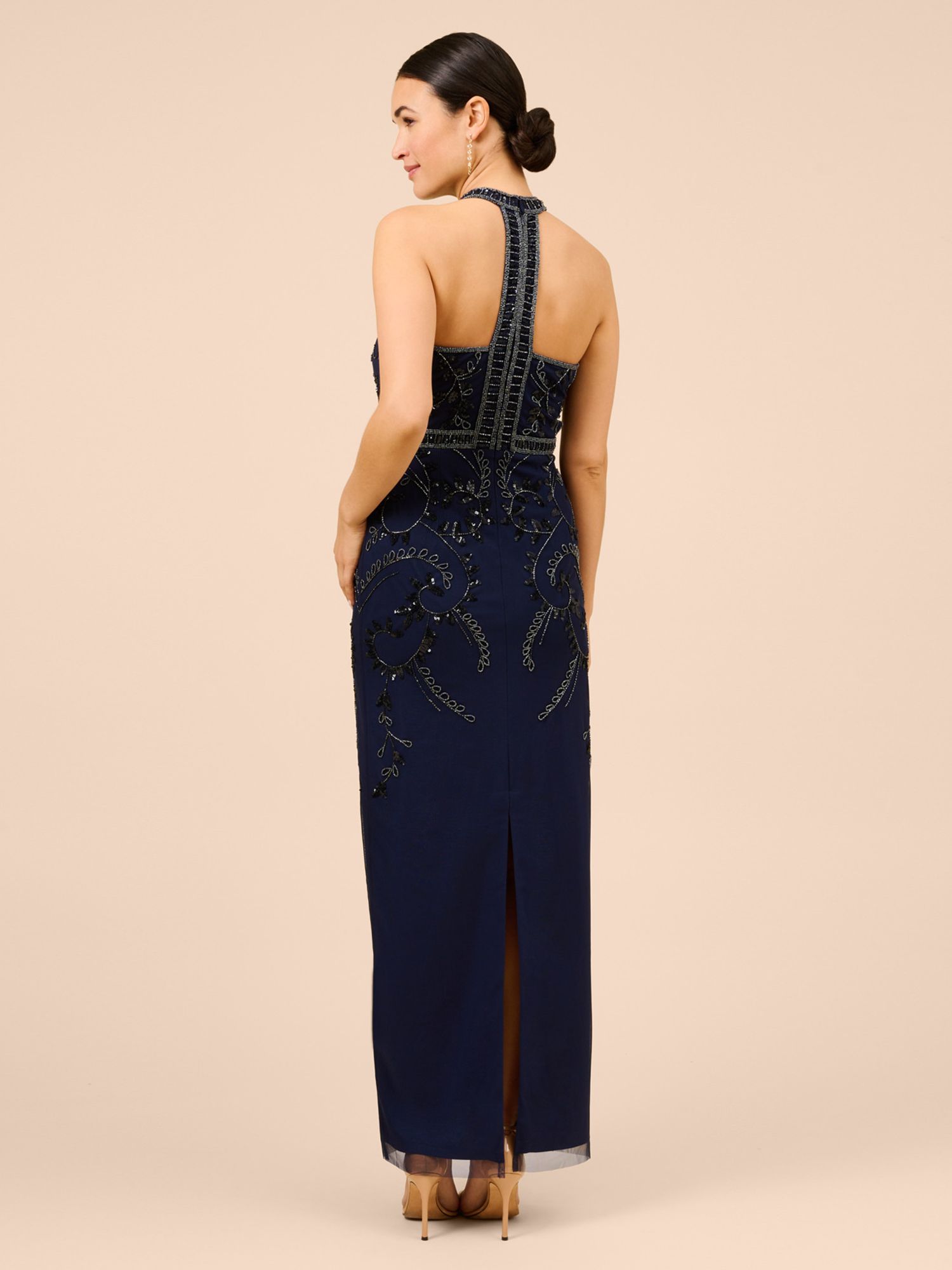Adrianna Papell Papell Studio Beaded Halterneck Maxi Dress, Light Navy, 6