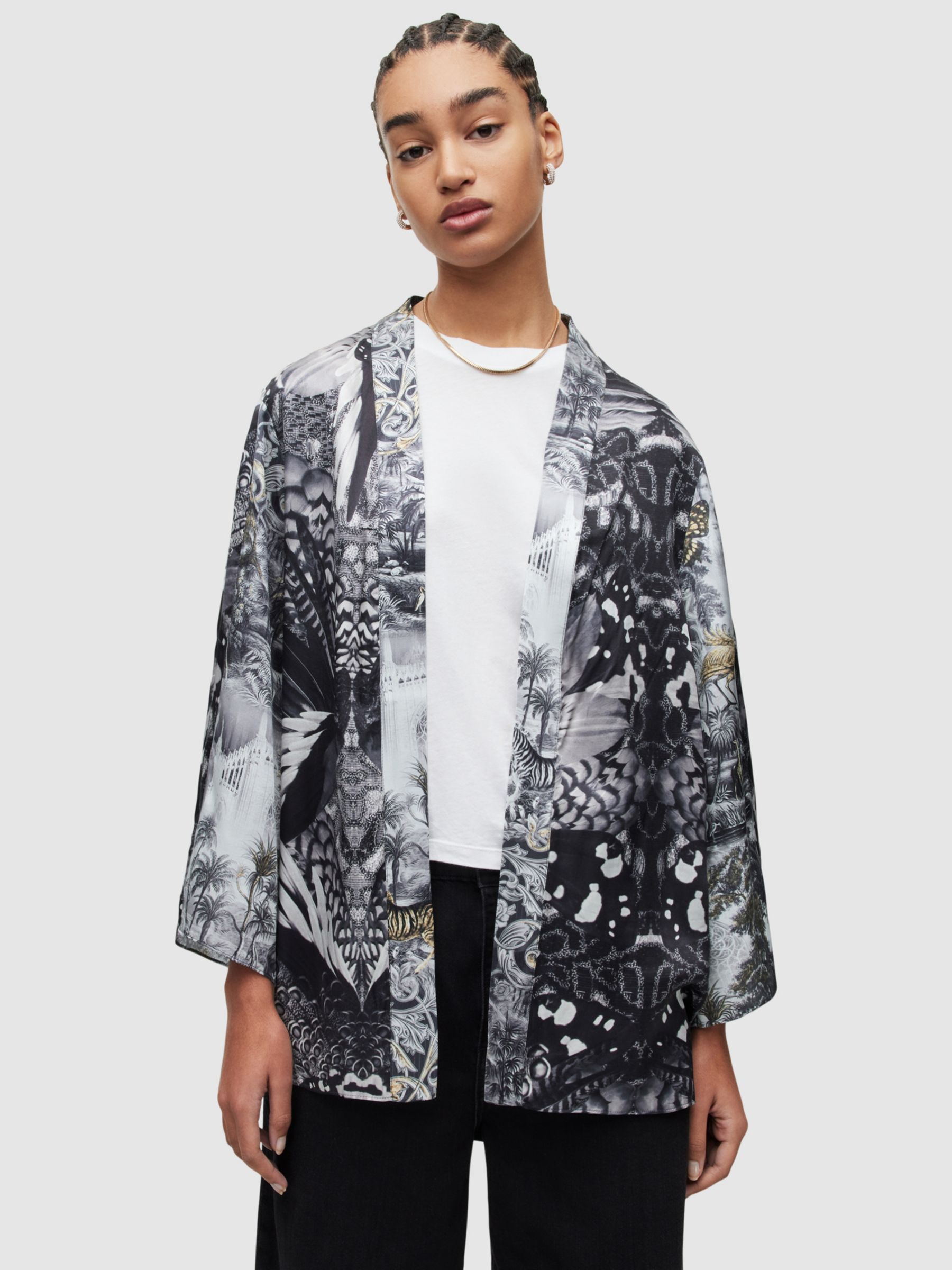 All Saints Casi Gene Graphic Print Kimono, Black/Grey, 6