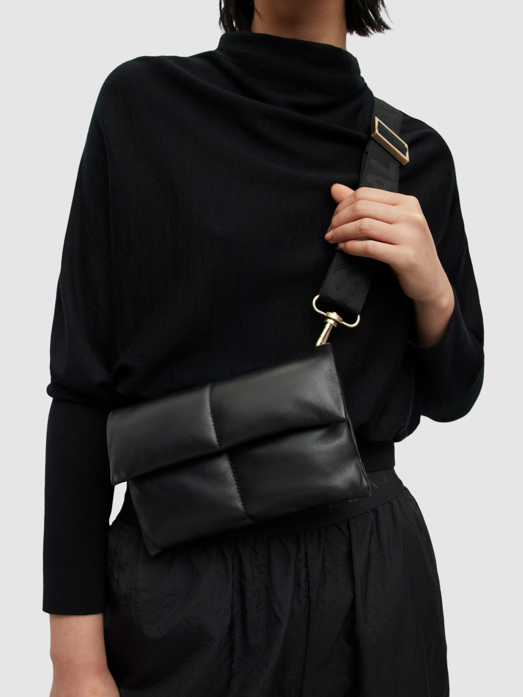 AllSaints Ezra Quilt Crossbody Handbag, Black at John Lewis & Partners