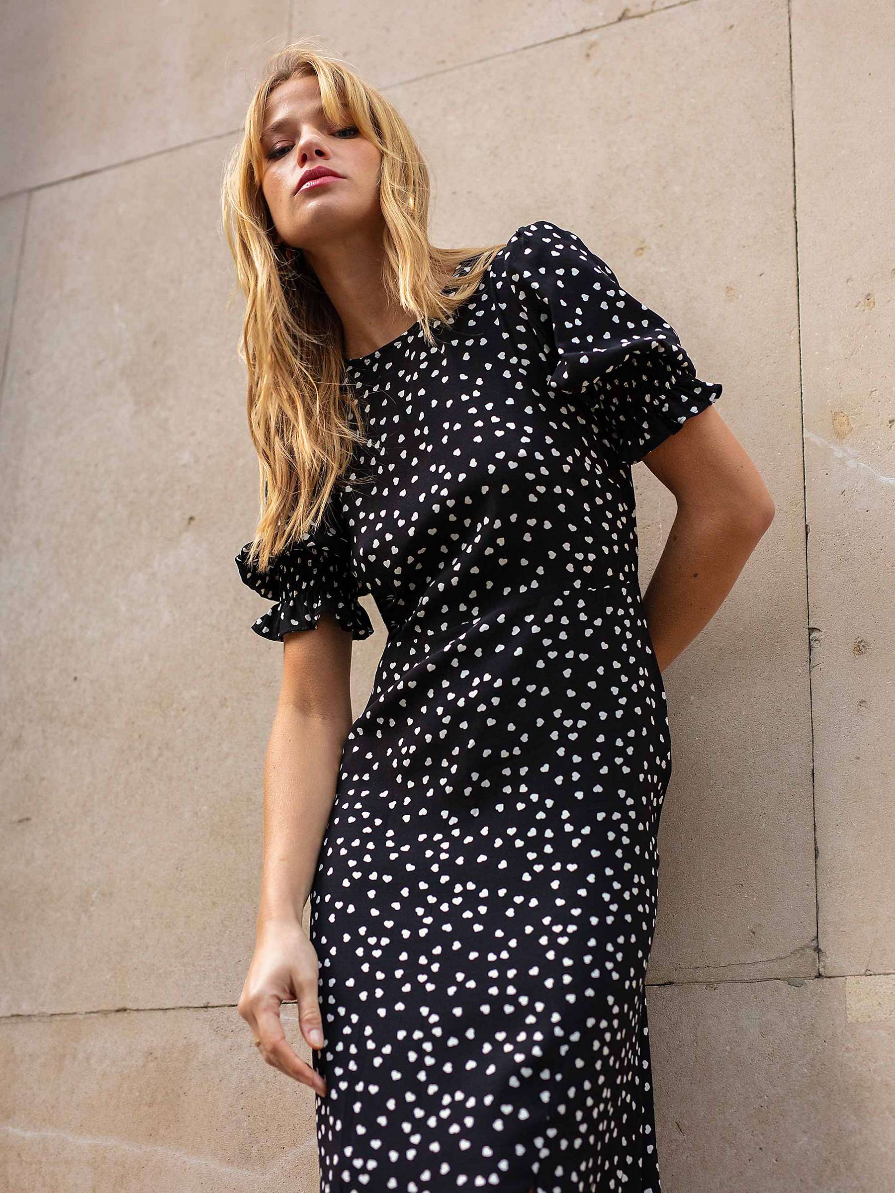Buy Ro&Zo Heart Print Shirred Sleeve Midi Dress, Black/White Online at johnlewis.com