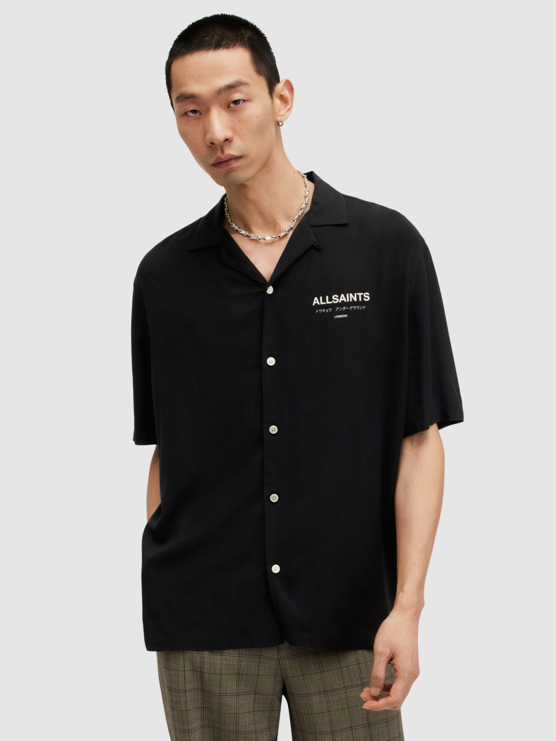 AllSaints Underground Short Sleeve Revere Collar Shirt, Jet Black/Ecru ...
