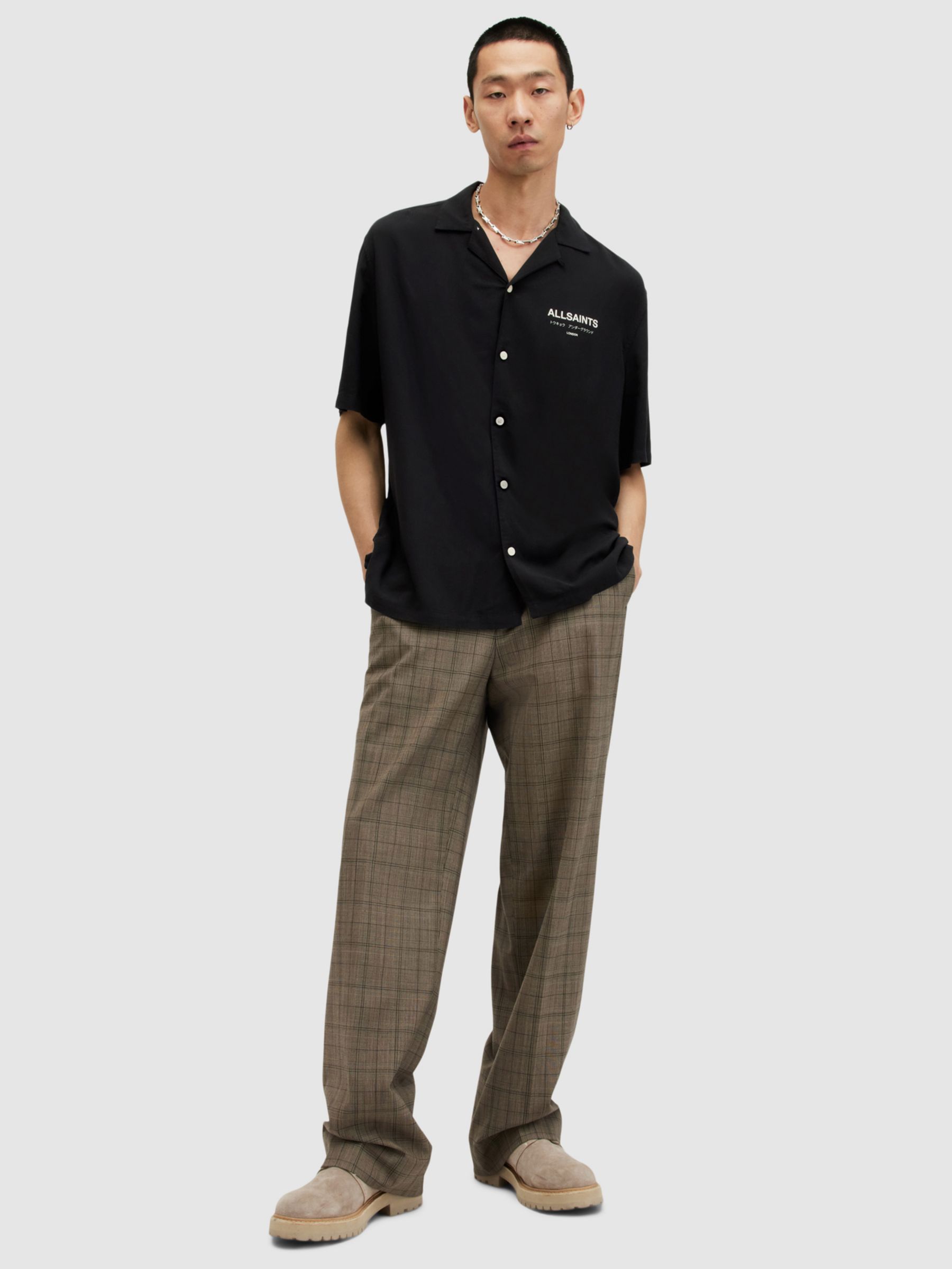 AllSaints Underground Short Sleeve Revere Collar Shirt, Jet Black/Ecru, XS