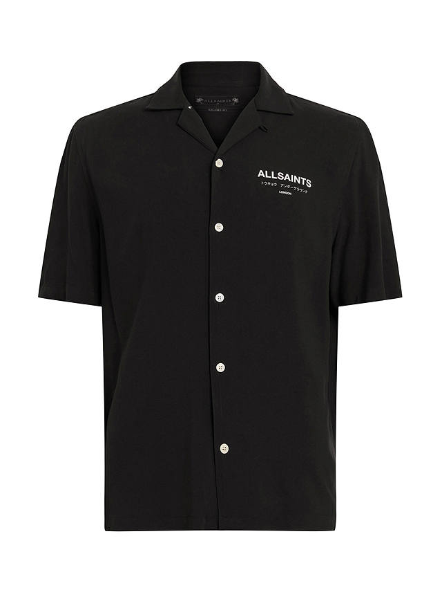 AllSaints Underground Short Sleeve Revere Collar Shirt, Jet Black/Ecru