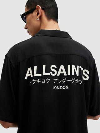 AllSaints Underground Short Sleeve Revere Collar Shirt, Jet Black/Ecru
