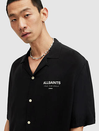 AllSaints Underground Short Sleeve Revere Collar Shirt, Jet Black/Ecru