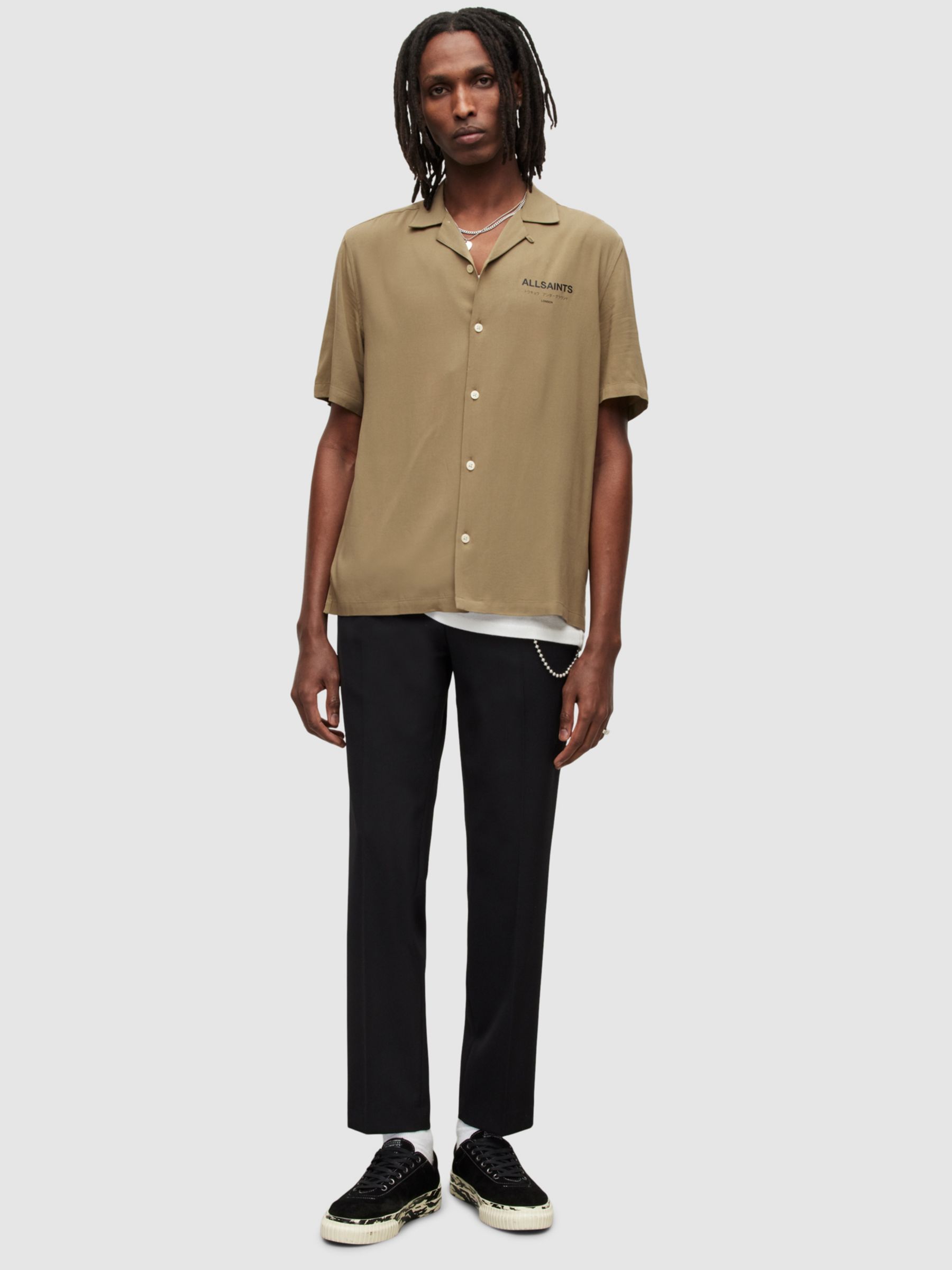 AllSaints Underground Short Sleeve Revere Collar Shirt, Khaki Brown/Jet ...