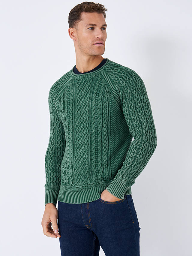 Crew Clothing Washed Cable Knit Crew Neck Jumper, Emerald Green at John ...